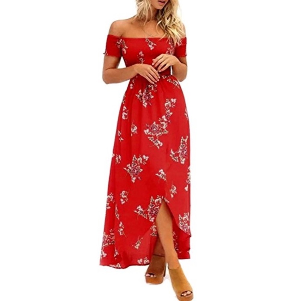 Off The Shoulder Chiffon Floral Maxi Dress